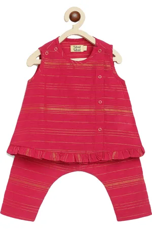 Tiber Taber Infant Girls Striped Zari Pure Cotton Sleeveless Jhabla With Trousers