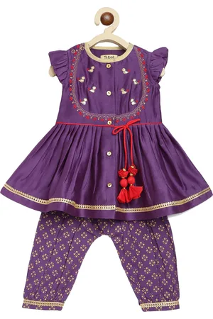 Tiber Taber Girls Floral Embroidered Chanderi Silk Kurti with Salwar