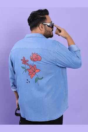 Highlander Blue Floral Printed Plus Size Regular Fit Denim Weave Casual Shirt