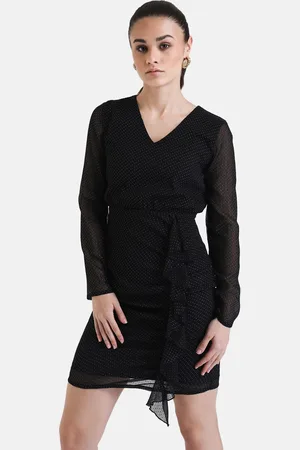 Kazo Polka Dot Printed V-Neck Gathered Sheath Dress
