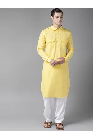 See Designs Men Yellow & White Pure Cotton Solid Pathani Kurta with Salwar
