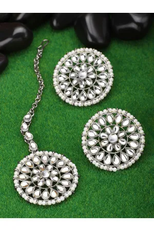 Peora White Silver-Plated Kundan Faux Pearl Studded Earrings & Maang Tikka Jewellery Set