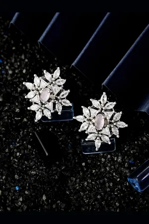 ATIBELLE Silver Plated Floral Cubic Zirconia Studs Earrings