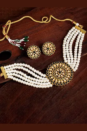 Peora Gold-Toned & Black Beaded and Stone Studded Choker Jewellery Set