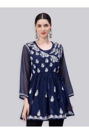 Seva Chikan Ethnic Motifs Embroidered Chikankari Angrakha A Line Kurti With Slip