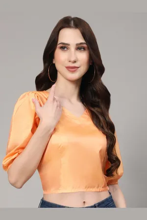 Kalini V-Neck Puff Sleeves Crepe Crop Top