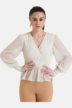 Kazo Self Designed Smocked Detailed V-Neck Bishop Sleeves Regular Top