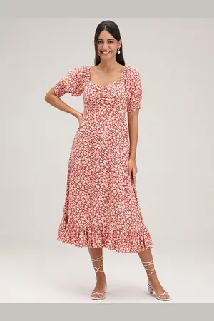20Dresses Floral Printed Sweetheart Neck Puff Sleeves Flounced A-Line Midi Dress