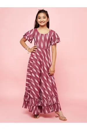 AKS Girls Ethnic Motifs Ikat Printed Flared Sleeves Cotton A-Line Dress