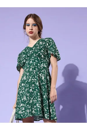 HERE&NOW Green & White Floral Printed Puff Sleeves Gathered A-Line Mini Dress