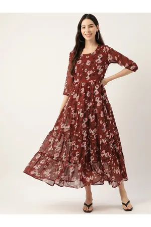 DressBerry Maroon Floral Printed Tiered Detailed Fit & Flare Dress