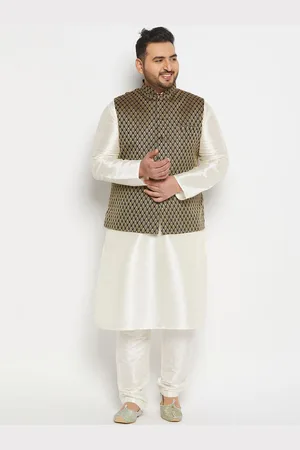 Vastramay Men Plus Size Mandarin Collar Regular Kurta & Churidar With Nehru Jacket