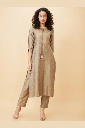 Globus Women Floral Embroidered Tie-Up Straight Kurta with Trousers