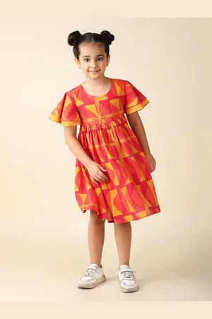 Fabindia Girls Geometric Printed Flared Sleeves Gathered Cotton Empire Dress
