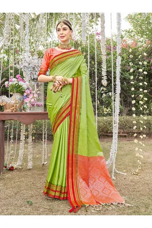 Anouk Lime Green & Red Woven Design Zari Detailed Art Silk Kanjeevaram Saree