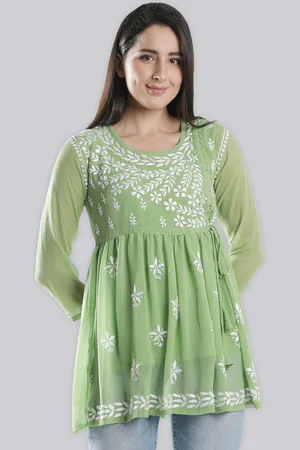 Seva Chikan Ethnic Motifs Embroidered Chikankari Angrakha Kurti With Slip