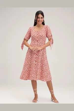20Dresses Orange Floral Printed Slit Sleeve Fit & Flare Midi Dress