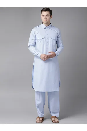 See Designs Men Blue Pure Cotton Solid Pathani Kurta with Salwar