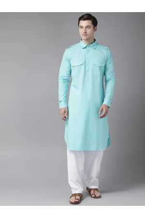 See Designs Men Blue & White Pure Cotton Solid Pathani Kurta with Salwar