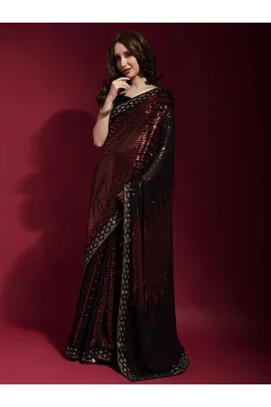 Anouk Black & Red Embellished Sequinned Pure Georgette Saree