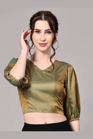 Kalini V-Neck Puff Sleeves Crepe Crop Top