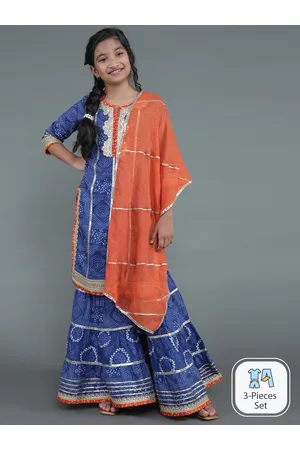 AKS Girls Ethnic Motif Printed Gotta Patti Pure Cotton Kurta & Sharara With Dupatta