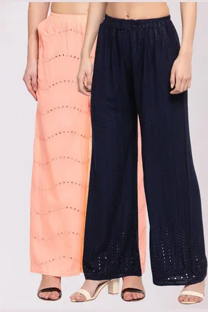 KLOTTHE Set Of 2 Women Peach-Coloured & Navy Blue Embroidered Wide Leg Palazzos