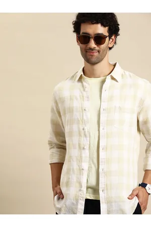 Benetton Men Cotton Linen Slim Fit Buffalo Checked Casual Shirt