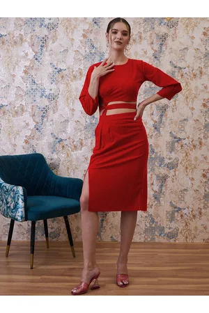 ATHENA Red Round Neck Top With Skirt