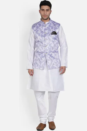 Armaan Ethnic Mandarin Collar Dupion Silk Kurta with Churidar And Printed Nehru Jacket