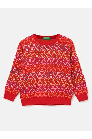 Benetton Girls Conversational Printed Cotton Pullover Sweater