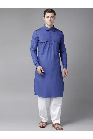 See Designs Men Blue & White Pure Cotton Solid Pathani Kurta with Salwar
