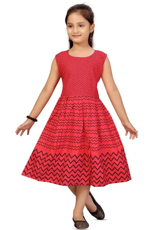 Aarika Girls Geometric Printed Fit & Flare Midi Cotton Dress