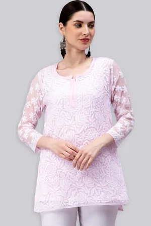 Seva Chikan Ethnic Motifs Chikankari Embroidered Angrakha A line Kurti With Slip