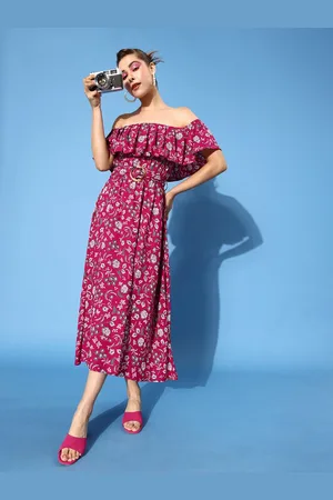 HERE&NOW Floral Printed Off-Shoulder Fit & Flare Dress