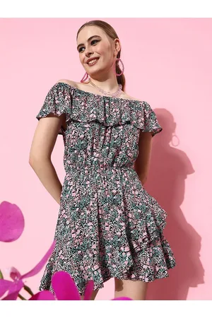 HERE&NOW Abstract Printed Off-Shoulder A-Line Dress