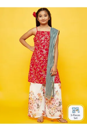 AKS Girls Floral Printed Regular Georgette Kurta & Sharara With Dupatta