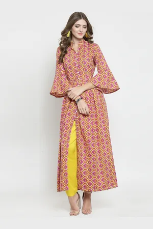 Sera Women Pink & Yellow Printed Kurta with Palazzos
