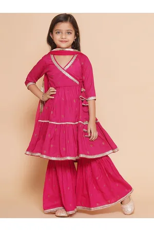 Bhama Girls Ethnic Motifs Printed Angrakha Gotta Patti Pure Cotton Kurta Set