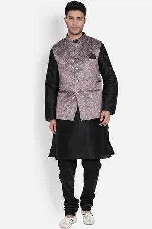 Armaan Ethnic Mandarin Collar Dupion Silk Kurta with Churidar And Printed Nehru Jacket