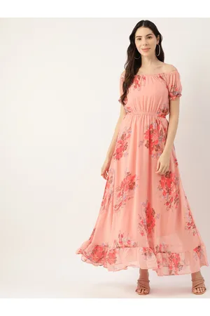 DressBerry Pink Floral Print Puff Sleeves Georgette Maxi Dress