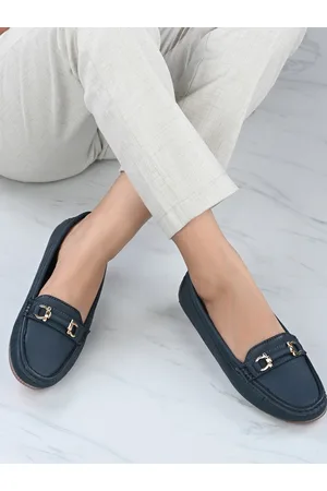Mast & Harbour Women Navy Blue Embellished Massage Footbed Memory Foam Horsebit Loafers