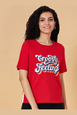 PEOPLE Red Typography Printed Pure Cotton Slim Fit T-shirt