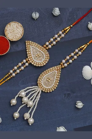 eCraftIndia Diamonds Pearls Designer Bhaiya Bhabhi Rakhi With Roli Chawal Pack