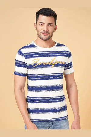 PEOPLE Blue Striped Pure Cotton Slim Fit T-shirt