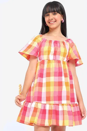 BONKIDS Girls Checked Flared Sleeve Cotton Fit & Flare Dress