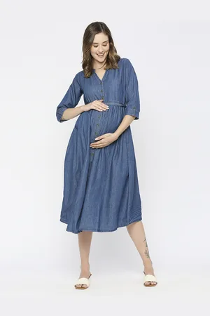 MeeMee Solid Maternity Denim Shirt Dress