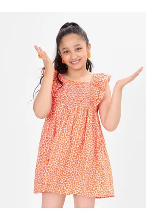 BONKIDS Girls Floral Printed Flutter Sleeve Smocked Cotton Fit & Flare Mini Dress