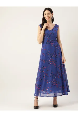 DressBerry Navy Blue Floral Printed V- Neck Maxi Dress