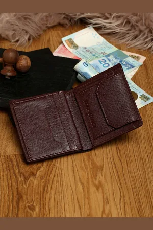 LOUIS STITCH Saffiano Leather Maroon Bifold Wallet RFID Protected Slim Wallet Purse